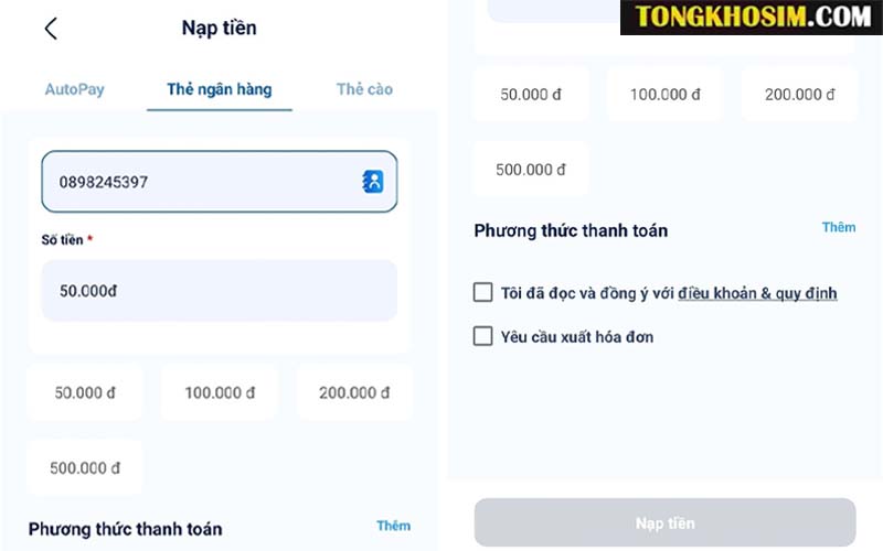 Thao tác nạp tiền sim Mobifone thông qua website nhà mạng.