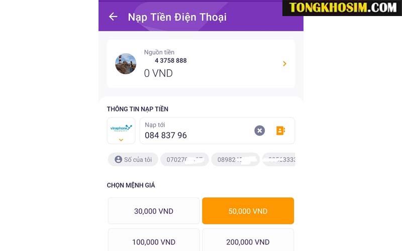Hình thức nạp tiền Mobifone qua app ngân hàng.