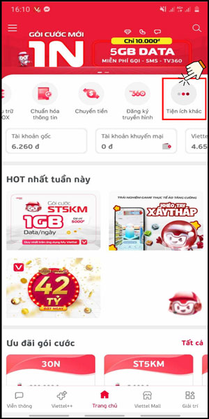 truy cập vào mục tiện ích