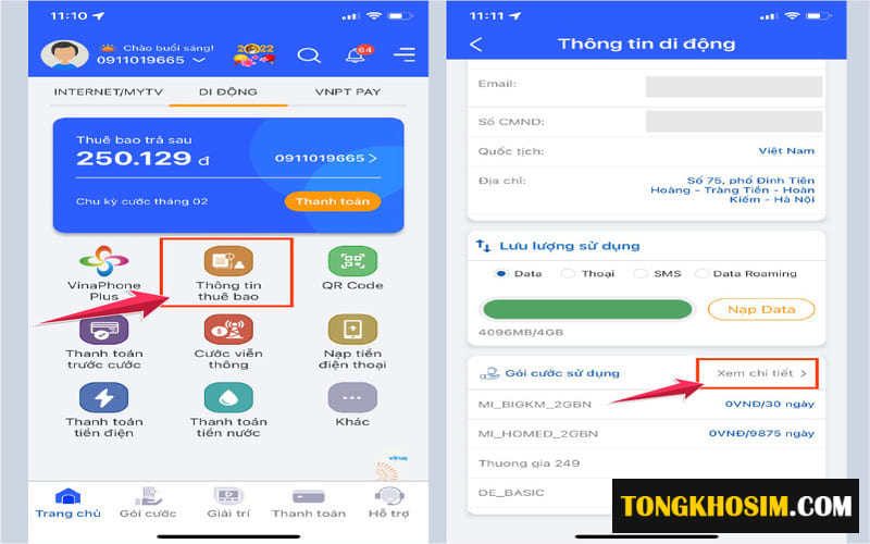 Thông qua ứng dụng My VNPT để kiểm tra thuê bao đang dùng gói cước nào